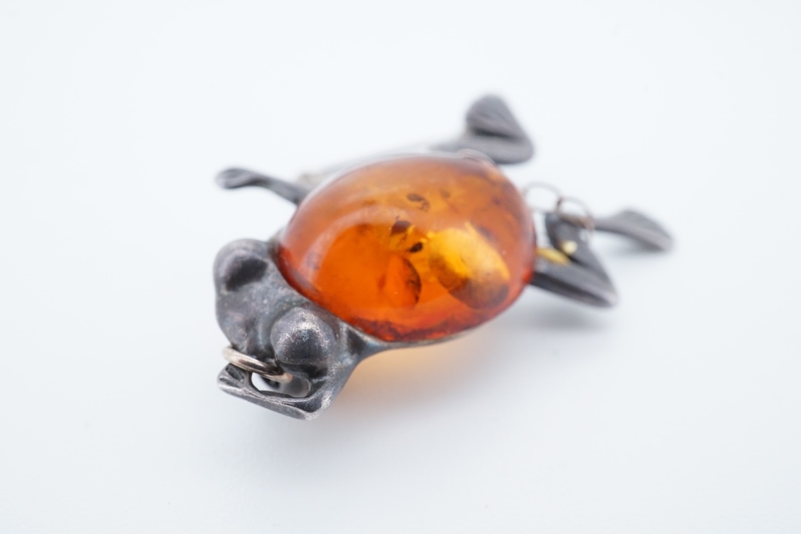 A small group of sterling, white metal and and other jewellery, including a charm bracelet, frog brooch, etc.